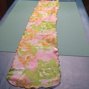 Vintage Floral Hot Pink Chiffon Scarf  Oblong Neck/ Hair Nylon Scalloped Edge
